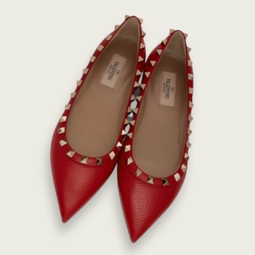 Authentic | Valentino Garavani | Rockstud Pointed Toe Flats | Red | Size 37.5